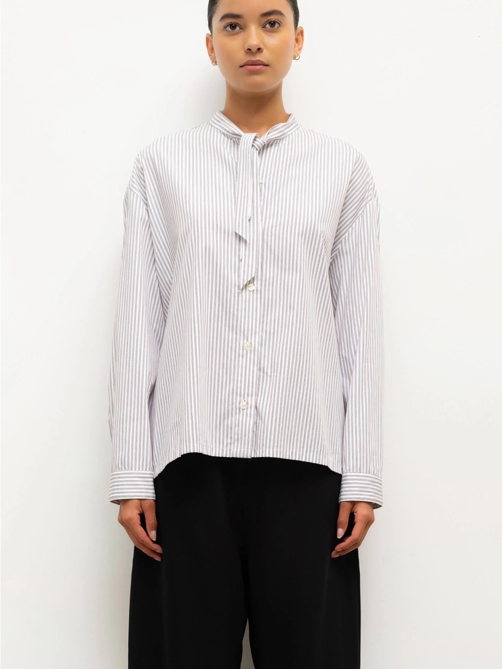 LESET White and Light Gray Pinstripe Tie-Neck Button Down Shirt